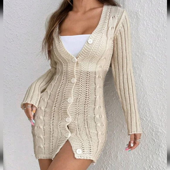 Women's Solid Color Single-Breasted Long Sleeve Slim Fit Sweater Dress - Picture 5 of 5